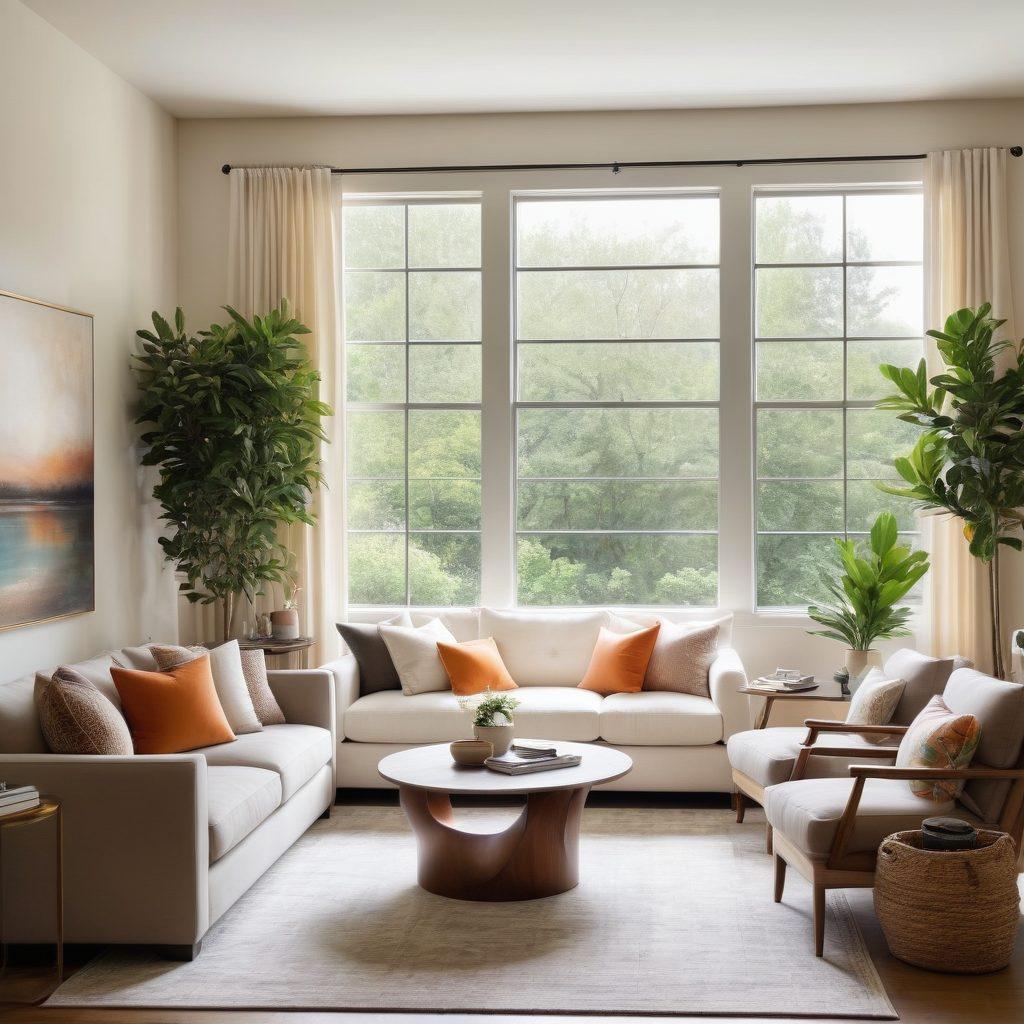 A modern living room showcasing a variety of contemporary seating options, including a plush sofa, stylish armchairs, and a cozy reading nook with soft pillows and a warm throw. The room is bathed in natural light from large windows, with tasteful decor, plants, and a trendy coffee table, embodying a blend of style and comfort. super-realistic. vibrant colors. soft focus.